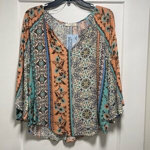 LOVESTITCH Wide Sleeve Floral Patchwork V-Neck Blouse. Brand New, Never Worn.